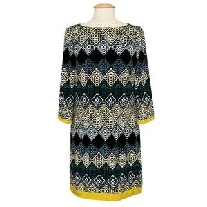 VTG 90s Eliza J Womens Dress 8 Blue Gold Diamond Stretch Jersey Retro Y2K Office